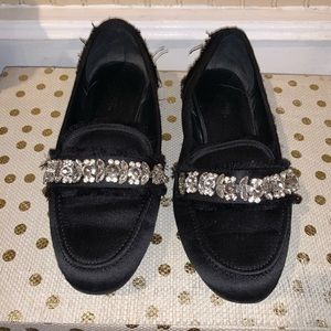 Black fringe satin rhinestone diamond flats